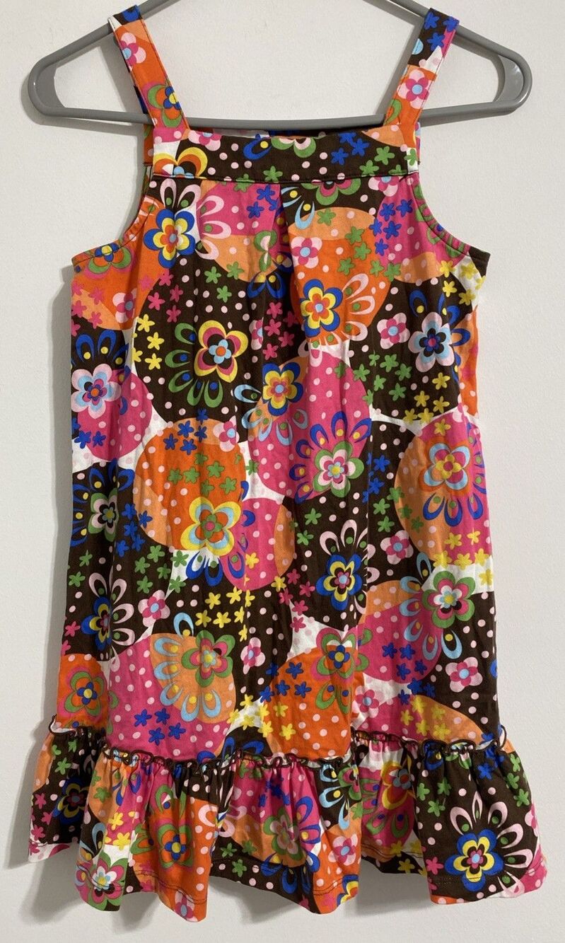 Hanna Andersson Dress Girl's EU 130 US 8 Retro Floral Flower Trapeze Ruffle Bold - Picture 2 of 8